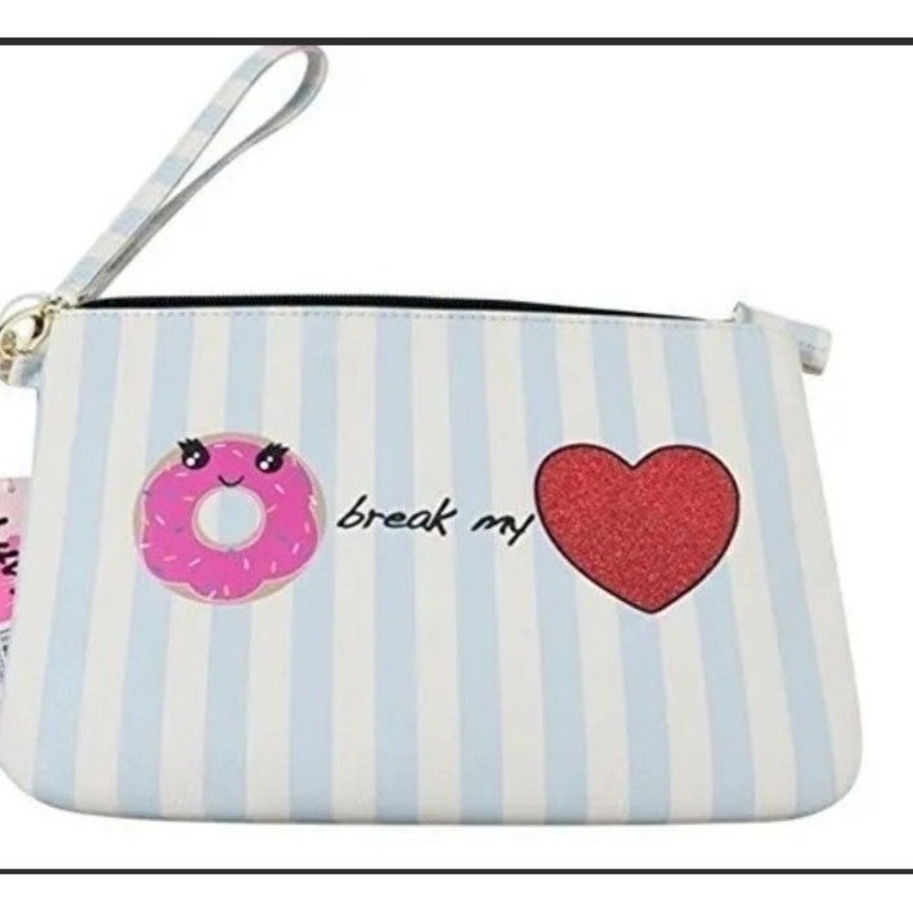 Luv Betsey Johnson Donut Break My Heart Striped Wristlet Pouch Blue White Pink